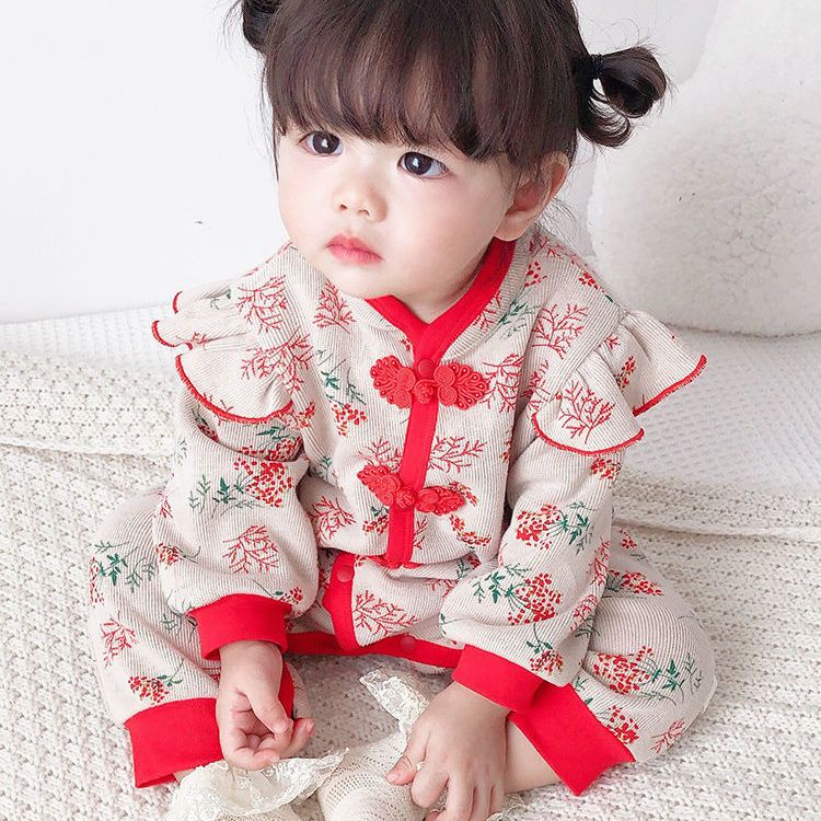 Bộ Áo Liền Quần Bằng Lông Cừu Giữ Ấm Phong Cách Trung Hoa Thời Trang Thu Đông Cho Bé Sơ Sinh