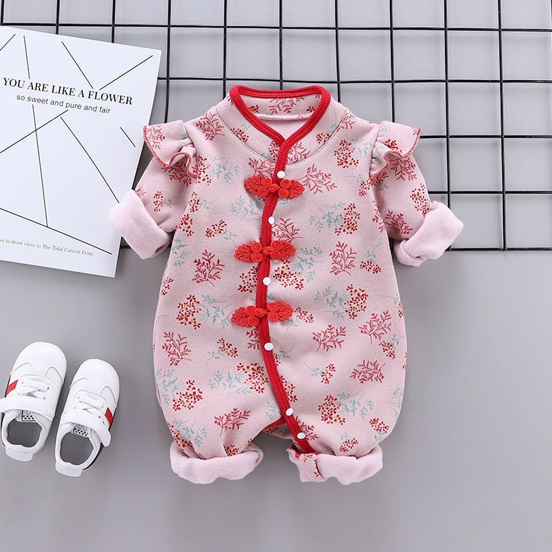 Bộ Áo Liền Quần Bằng Lông Cừu Giữ Ấm Phong Cách Trung Hoa Thời Trang Thu Đông Cho Bé Sơ Sinh