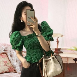 Áo Sơ Mi Da Báo Nữ Retro Mùa Hè Phong Cách Mới Phong Cách Pháp Tay Phồng Cổ Vuông Ngắn