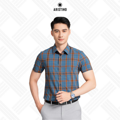 ÁO SƠ MI NGẮN TAY ARISTINO MÀU TRẮNG KẺ BE XANH - ASS034AZ