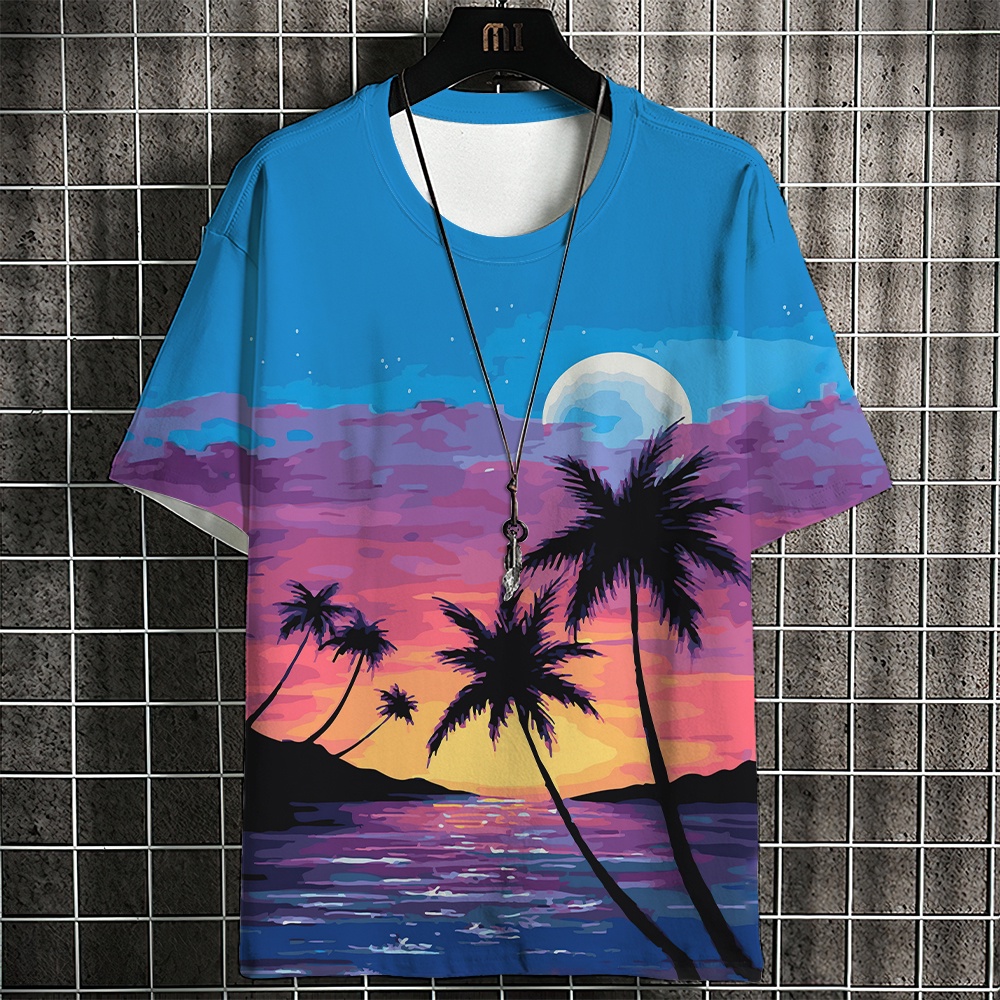 Áo Thun Ngắn Tay Dáng Rộng In Hình Cây Dừa Phong Cách Hawaii Thời Trang Mùa Hè Thoải Mái Cho Nam