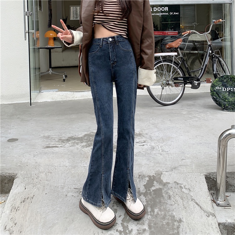 Quần jeans Nữ Lưng Cao Ống Loe Xẻ Tà Thời Trang Hàn