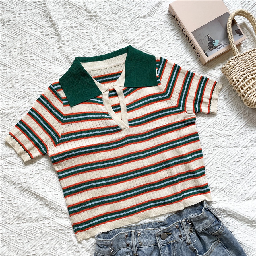 NUZIRO Áo Thun Ngắn Tay Họa Tiết Sọc Ngang Thời Trang Dành Cho Nữ