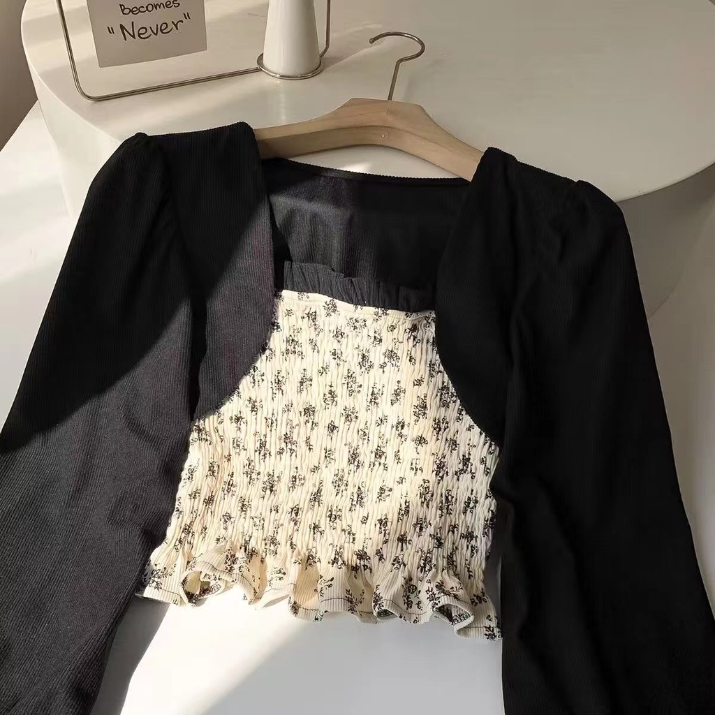 Áo Sơ Mi Nữ Tay Dài Cổ Vuông Họa Tiết Hoa Phong Cách Hàn Quốc Baju Baju Wanita Lengan Panjang Hàng Mới Có Sẵn