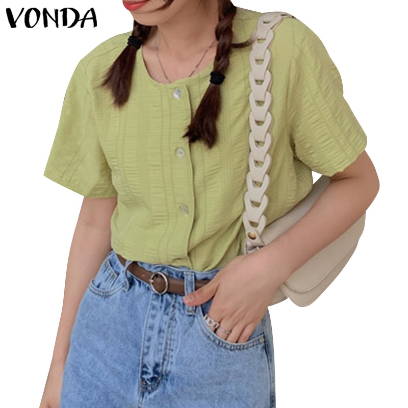 Áo kiểu VONDA tay ngắn cổ tròn màu trơn cài nút phong cách Hàn Quốc thời trang cho nữ