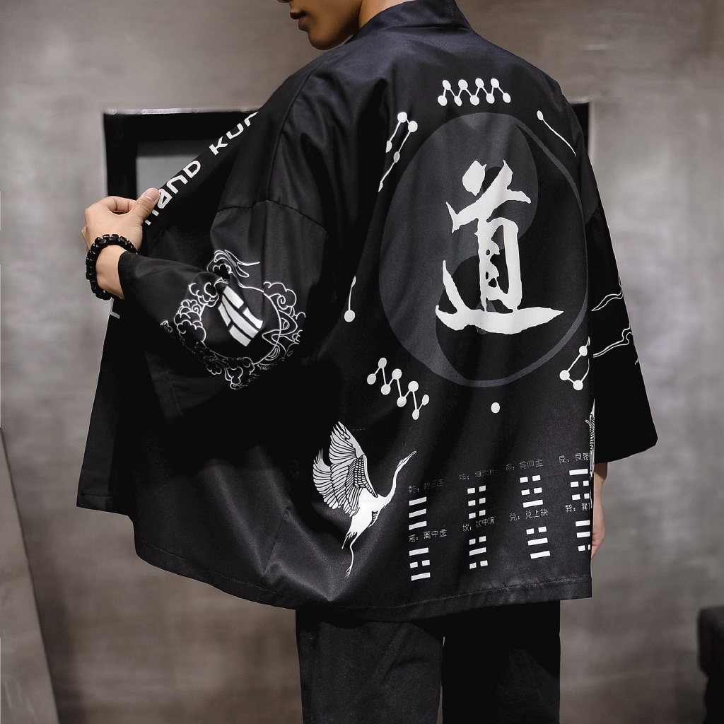 Áo Khoác Kimono Màu Đen Tay 3 / 4 Phong Cách Retro Nhật Bản Cho Nam Nữ