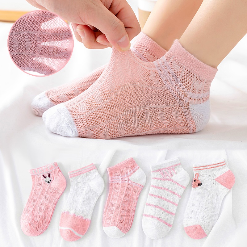 LJMOFA Set 5 Đôi Vớ Cotton Phối Lưới Thoáng Khí Thoải Mái Họa Tiết Hoạt Hình Dành Cho Bé Gái 1-13 Tuổi