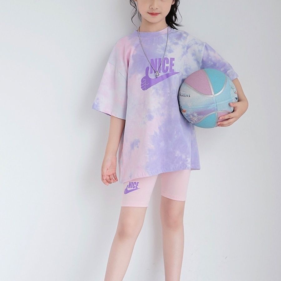 Set Đồ Thể Thao Áo Thun Tay Ngắn Nhuộm Màu Phối Quần Short Thời Trang Hàn Quốc Mới Cho Bé Gái