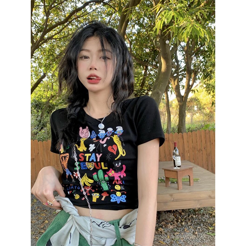 Ethelgirl Áo Thun Tay Ngắn Cổ Tròn Dáng Ôm In Họa Tiết Hoạt Hình Thời Trang Cho Nữ