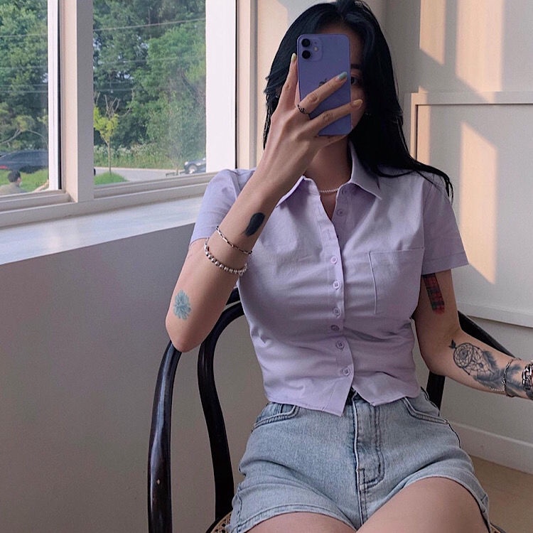 Áo sơ mi COZOKC dáng ngắn chiết eo thiết kế trang nhã cho nữ