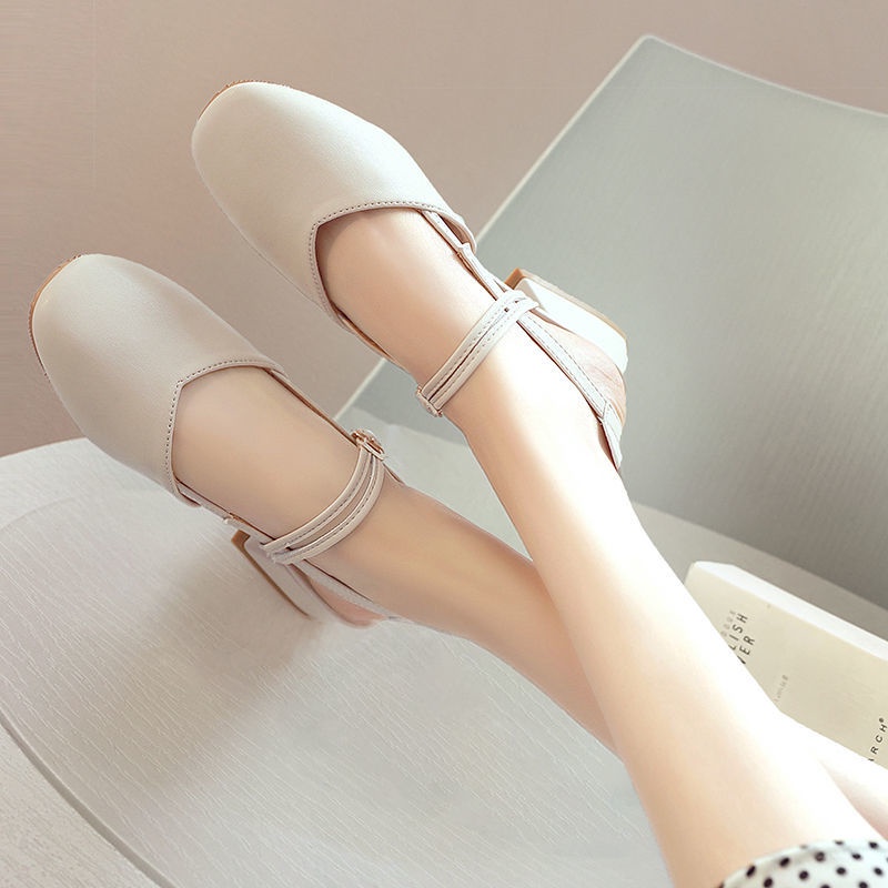 2023 giày cao gót quai mảnh sandal quai mảnh đế bệt giày cao gót trắng 5p giày cao gót trắng cô dâu giày cao gót trắng đế vuông Giày Sandal Một Mảnh Gót Dày Phong Cách Mới Mùa Hè Cho Nữ