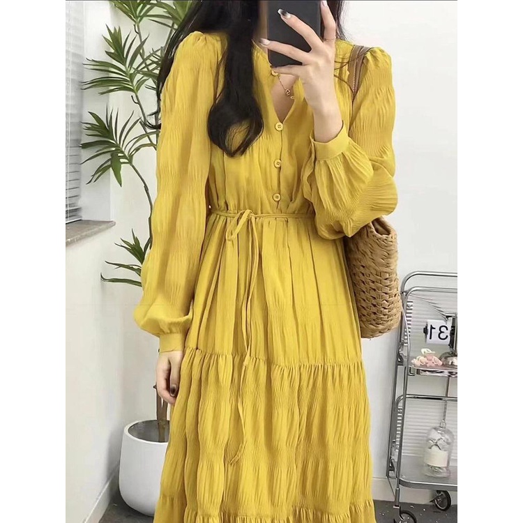 Đầm Xòe Eo Cao Tay Dài Rút Dây Màu Vàng Phong Cách Cổ Điển Thời Trang Mùa Xuân 2023 Cho Nữ