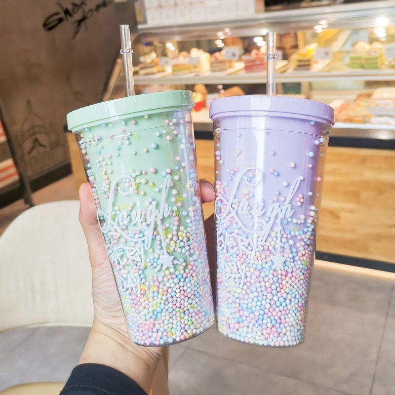 Cốc Nước Hai Lớp Đáy Cầu Vồng Bằng Nhựa Dung Tích Lớn 550ml Dễ Thương