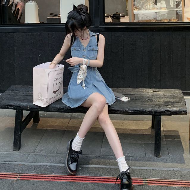 Đầm Denim Ôm Eo Không Tay Phong Cách Preppy Thời Trang Mùa Hè Cho Nữ