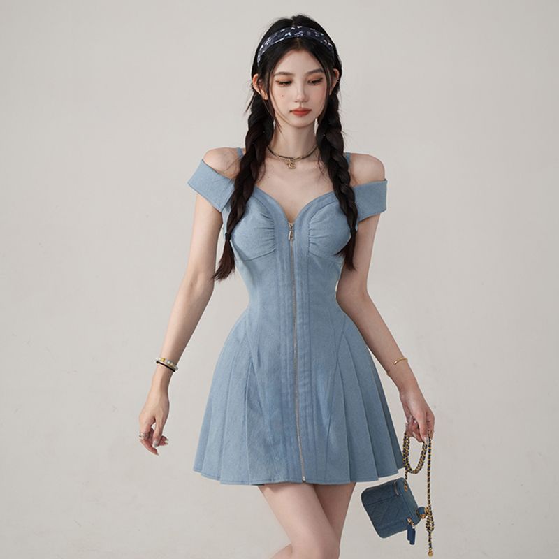 Hàng Bán Chạy!F &amp; X Đầm Cổ Phẳng Màu Trơn Phối Khóa Kéo Kim Loại Gợi Cảm Hàng Mới Hot Dành Cho Bạn Nữ