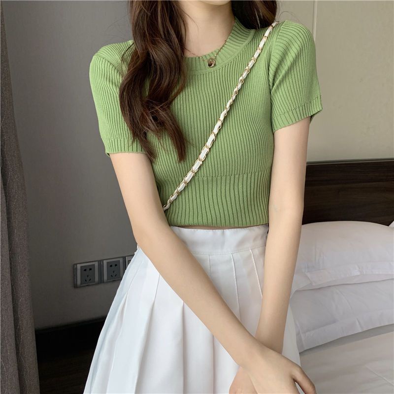 Áo Thun croptop Dệt Kim Tay Ngắn Cổ Tròn Dáng Ôm Thời Trang Mùa Hè Hàng Mới 2023 Dành Cho Bạn Nữ