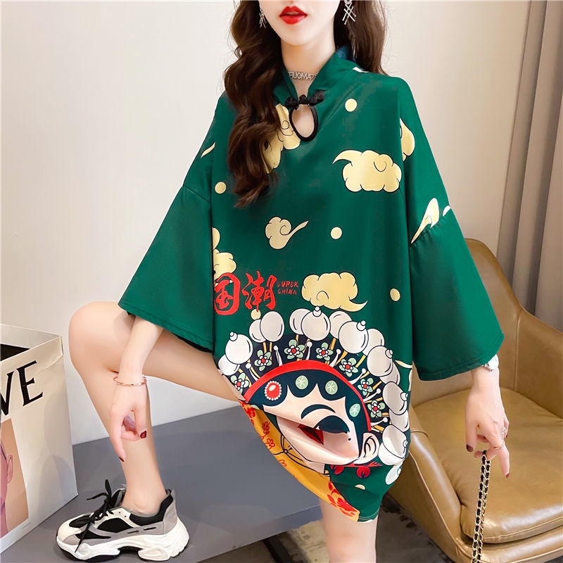 Đầm Thun In Họa Tiết Phối Nút Thời Trang Vintage Cá Tính