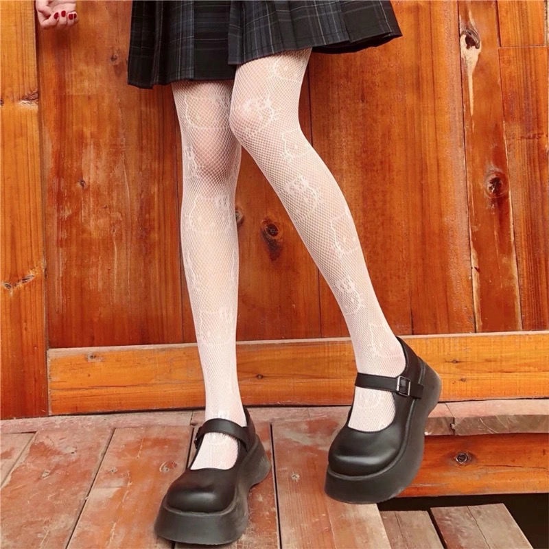 Quần Tất Nữ Màu Đen In Hình Mèo Kitty Phong Cách Lolita Sexy Quyến Rũ