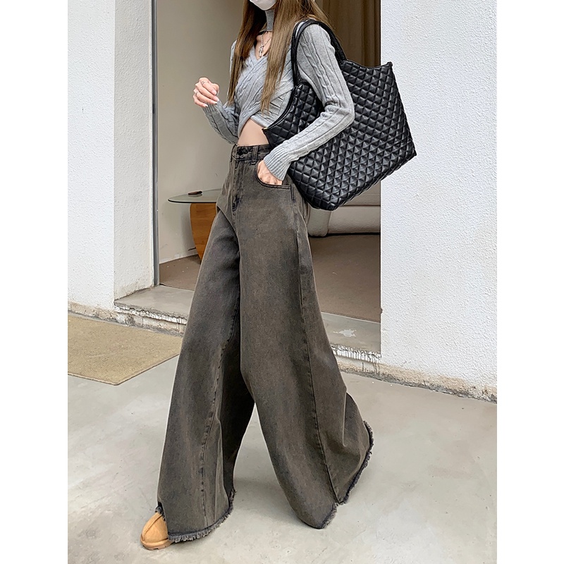 Porozi  Quần jeans Nữ Ống Rộng Lưng Cao Màu Đen Xám Phong Cách Retro