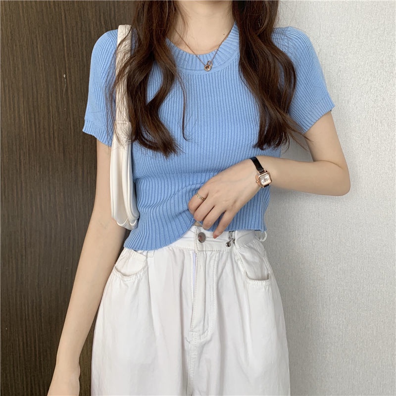 Áo Thun croptop Dệt Kim Tay Ngắn Cổ Tròn Dáng Ôm Thời Trang Mùa Hè Hàng Mới 2023 Dành Cho Bạn Nữ