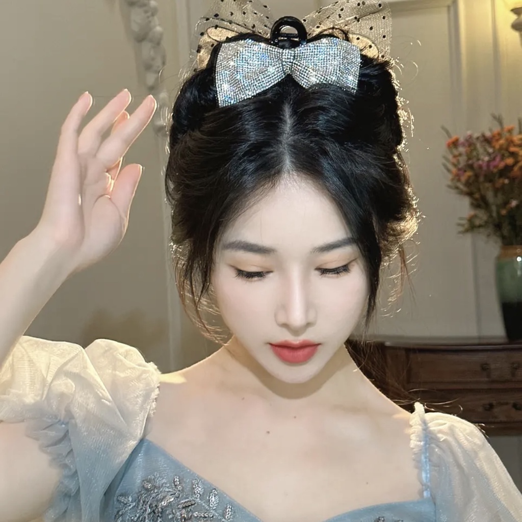 Kẹp Tóc Nơ Lưới Hai Mặt Đính Đá Lấp Lánh Chất Lượng Cao Cho Nữ