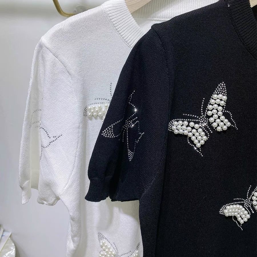 Áo Thun Mỏng Tay Ngắn Cổ Tròn Đính Hạt Hình Bướm Thời Trang Mùa Hè Hàng Mới Dành Cho Bạn Nữ