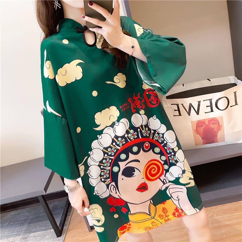 Đầm Thun In Họa Tiết Phối Nút Thời Trang Vintage Cá Tính