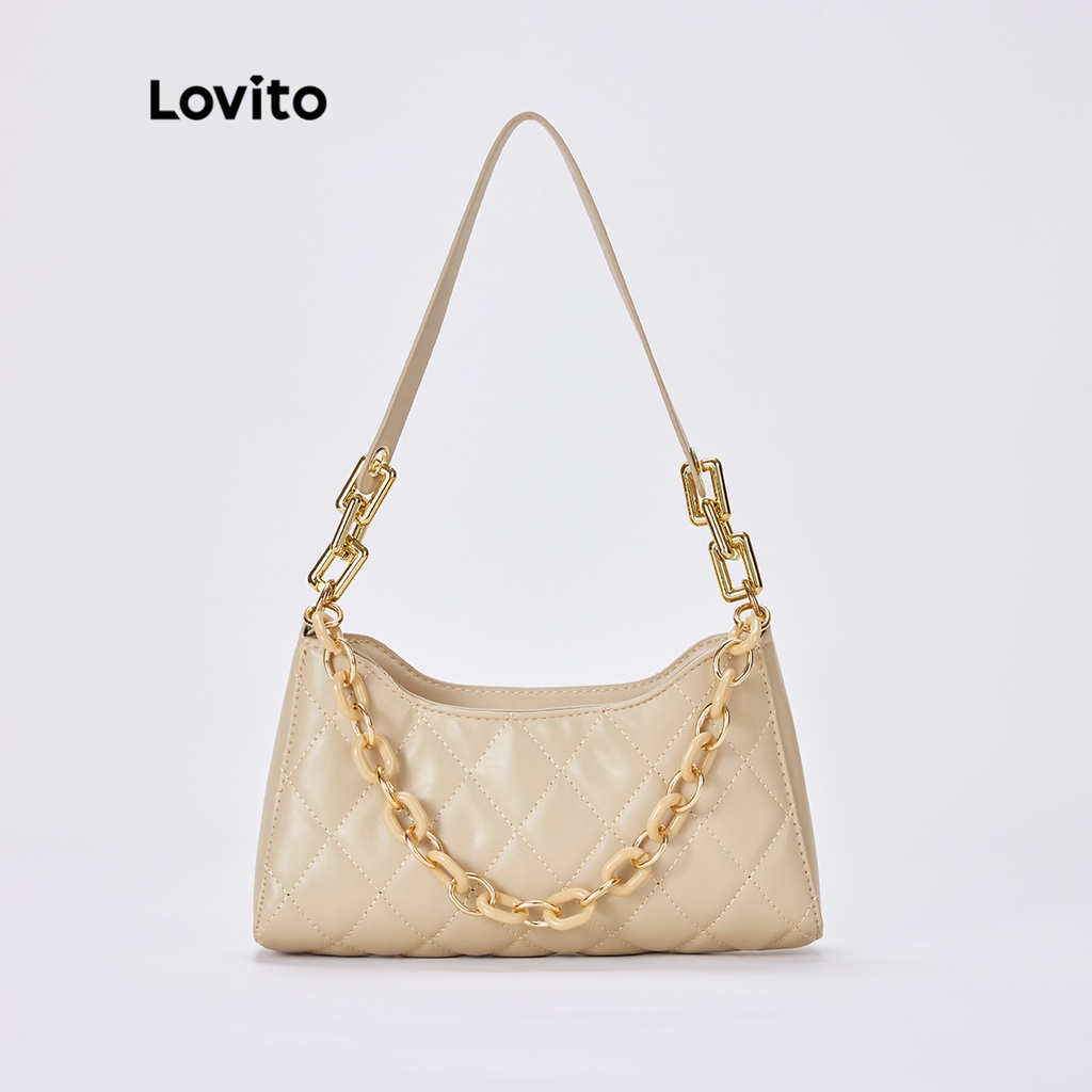 Túi đeo vai Lovito bằng vải chần hoạ tiết kim cương giản dị phối dây xích phong cách cổ điển L30BA12 (màu khaki / trắng / đen)