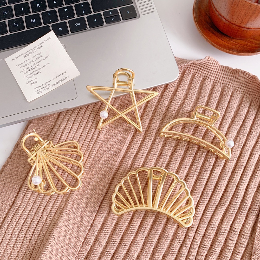 Kẹp Tóc Càng Cua Đính Đá / Ngọc Trai Bằng Hợp Kim Màu Vàng Sang Trọng