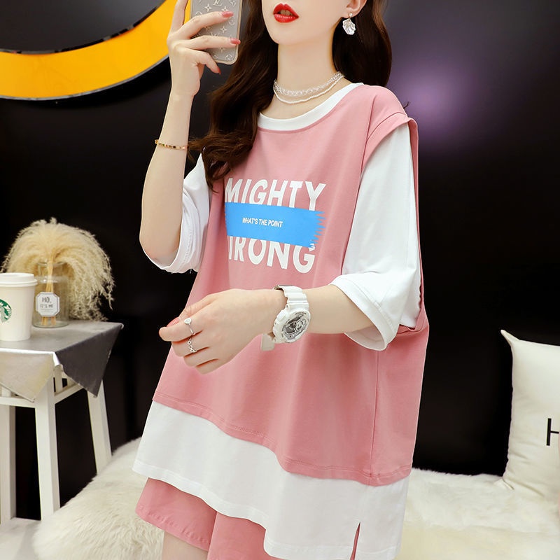 Set Áo Thun Ngắn Tay Giả Hai Lớp + Quần short Dáng Rộng Thời Trang 2023 Cho Nữ