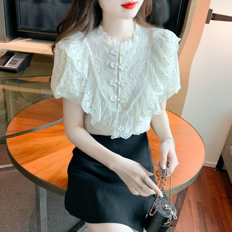 Áo Voan Tay Ngắn Phồng Phối Ren Thời Trang Mùa Hè Dành Cho Nữ E1MH