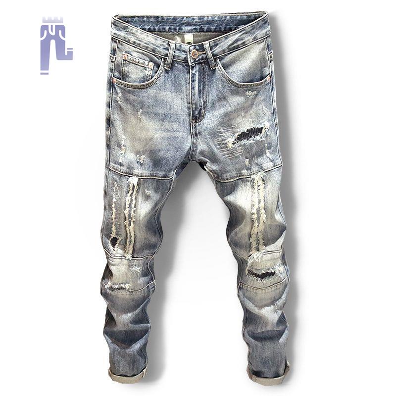 Quần Jean Dài Dáng Ôm Co Giãn Phối Lỗ Rách Thời Trang Cho Nam
