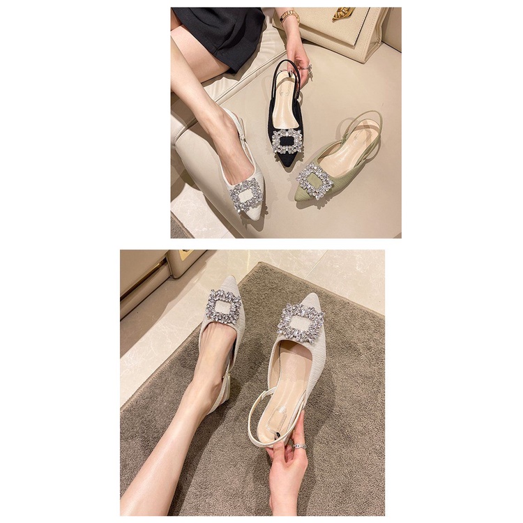 Giày Sandal Gót Thấp Mũi Vuông Đính Đá Thời Trang Dành Cho Nữ / Size 35-42