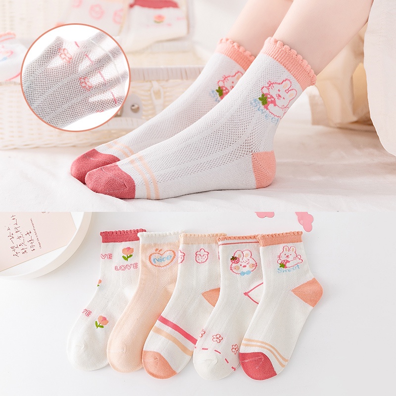 LJMOFA Set 5 Đôi Vớ Cotton Phối Lưới Thoáng Khí Thoải Mái Họa Tiết Hoạt Hình Dành Cho Bé Gái 1-13 Tuổi