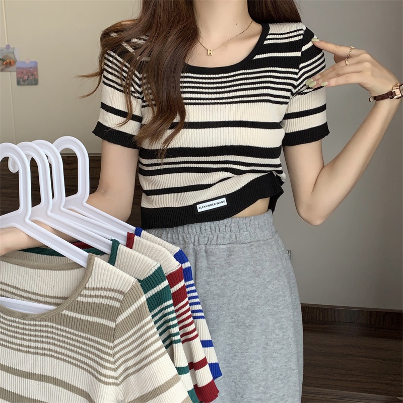 NUZIRO Áo Thun Dệt Kim Tay Ngắn Dáng Ôm Họa Tiết Kẻ Sọc Thời Trang Mùa Hè Phong Cách Hàn Quốc Cho Nữ