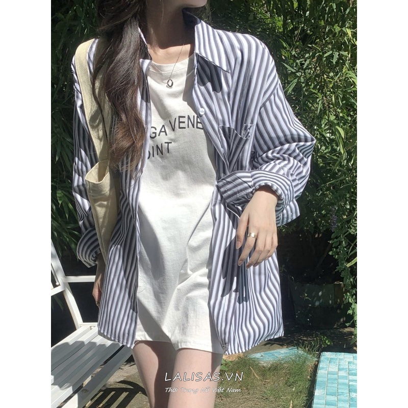 Áo Sơ Mi Dáng Rộng Họa Tiết Kẻ Sọc Thời Trang Hàn Quốc