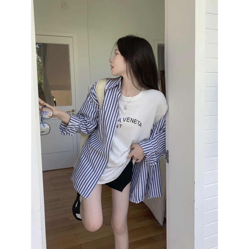 Áo Sơ Mi Dáng Rộng Họa Tiết Kẻ Sọc Thời Trang Hàn Quốc