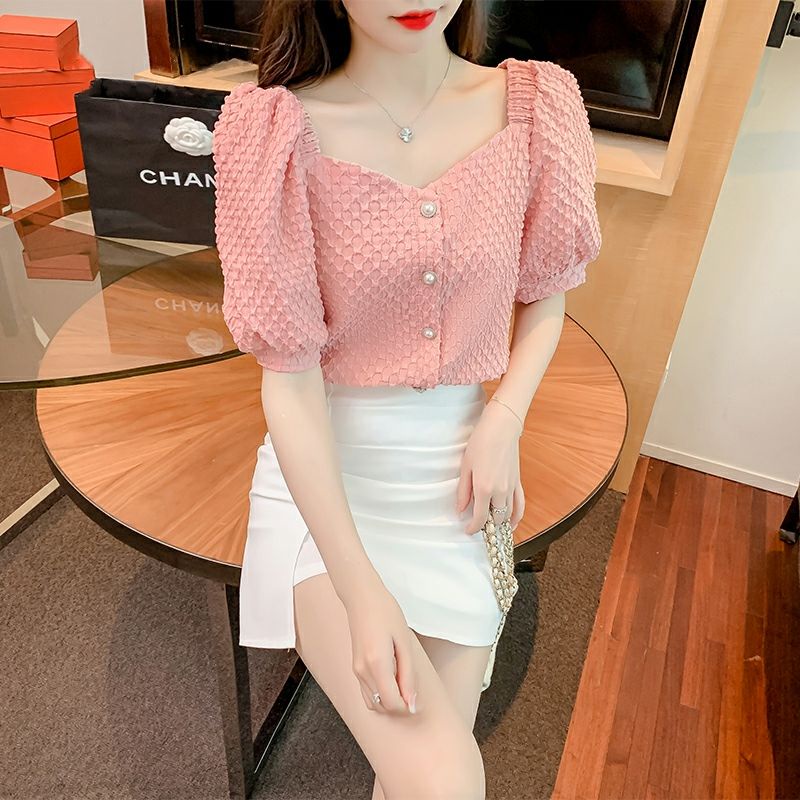 Áo Kiểu Chiffon Cổ Vuông Tay Phồng Thời Trang Retro Cho Nữ