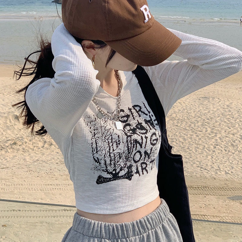 Áo Thun croptop Tay Dài Cổ Chữ V Thiết Kế Mỏng Mùa Thu Phong Cách Mới Cho Nữ