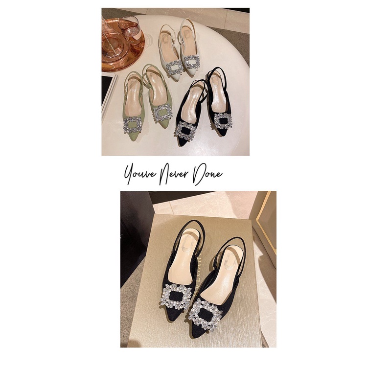 Giày Sandal Gót Thấp Mũi Vuông Đính Đá Thời Trang Dành Cho Nữ / Size 35-42