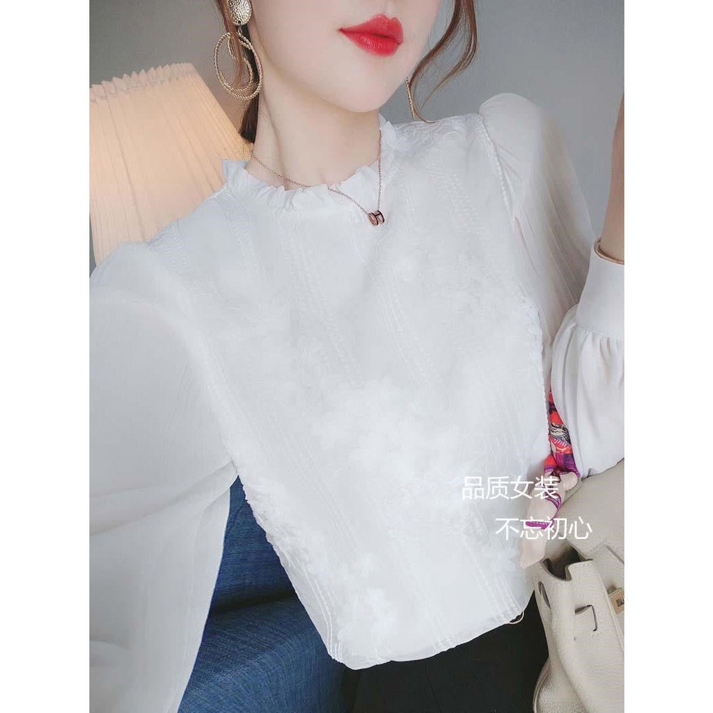 Áo Sơ Mi Chiffon Tay Dài Dáng Rộng Phối Ren Phong Cách Hàn Quốc Thời Trang Cho Nữ