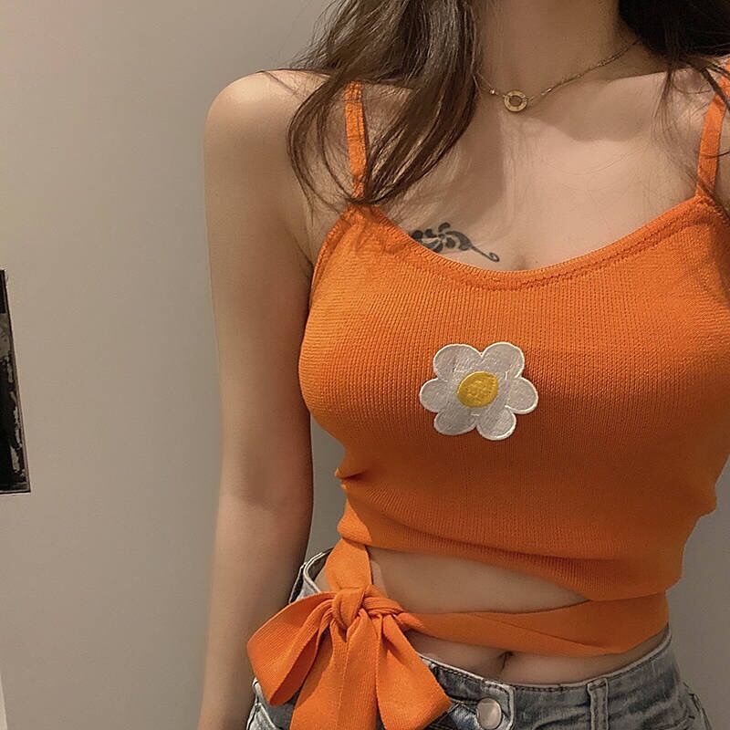 COZOK Áo Tank Top Hai Dây Lưng Cao Họa Tiết Hoa Cúc Xinh Xắn