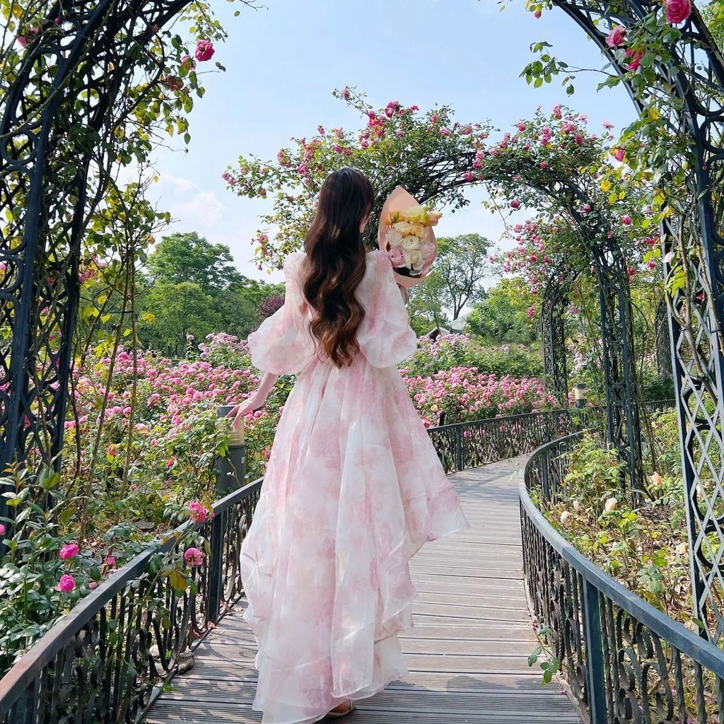 Đầm Cổ Vuông Tay Phồng Họa Tiết Hoa Sang Trọng Phong Cách Pháp Thời Trang Mùa Hè Cho Nữ