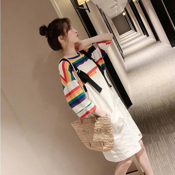 Bộ Áo Thun + Đầm Yếm Dáng Rộng Phong Cách Hàn Quốc Thời Trang Mùa Hè Xinh Xắn Cho Mẹ Bầu