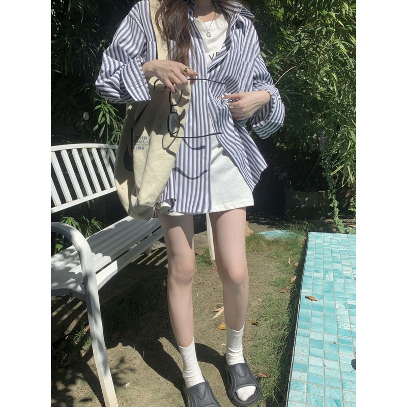 Áo Sơ Mi Dáng Rộng Họa Tiết Kẻ Sọc Thời Trang Hàn Quốc