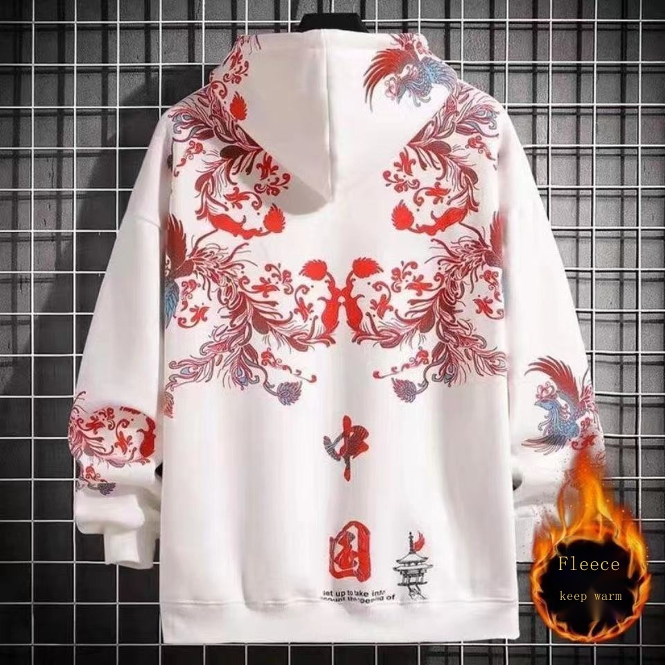 Áo hoodie Lót Nhung Dày Dặn Dáng Rộng In Hình Phượng Hoàng Phong Cách Trung Hoa Cho Nam