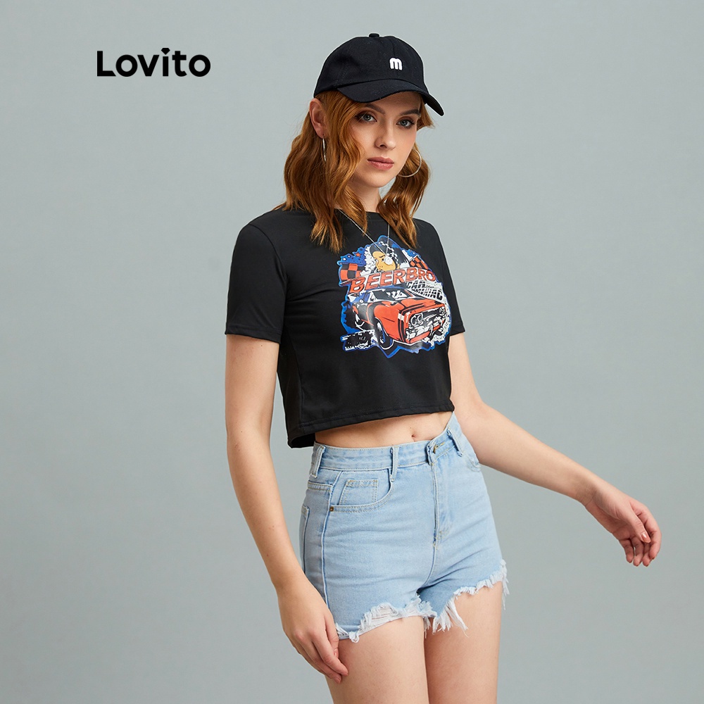 Áo crop top Lovito cổ tròn họa tiết nhân vật mặc thường ngày L10076 (đen)