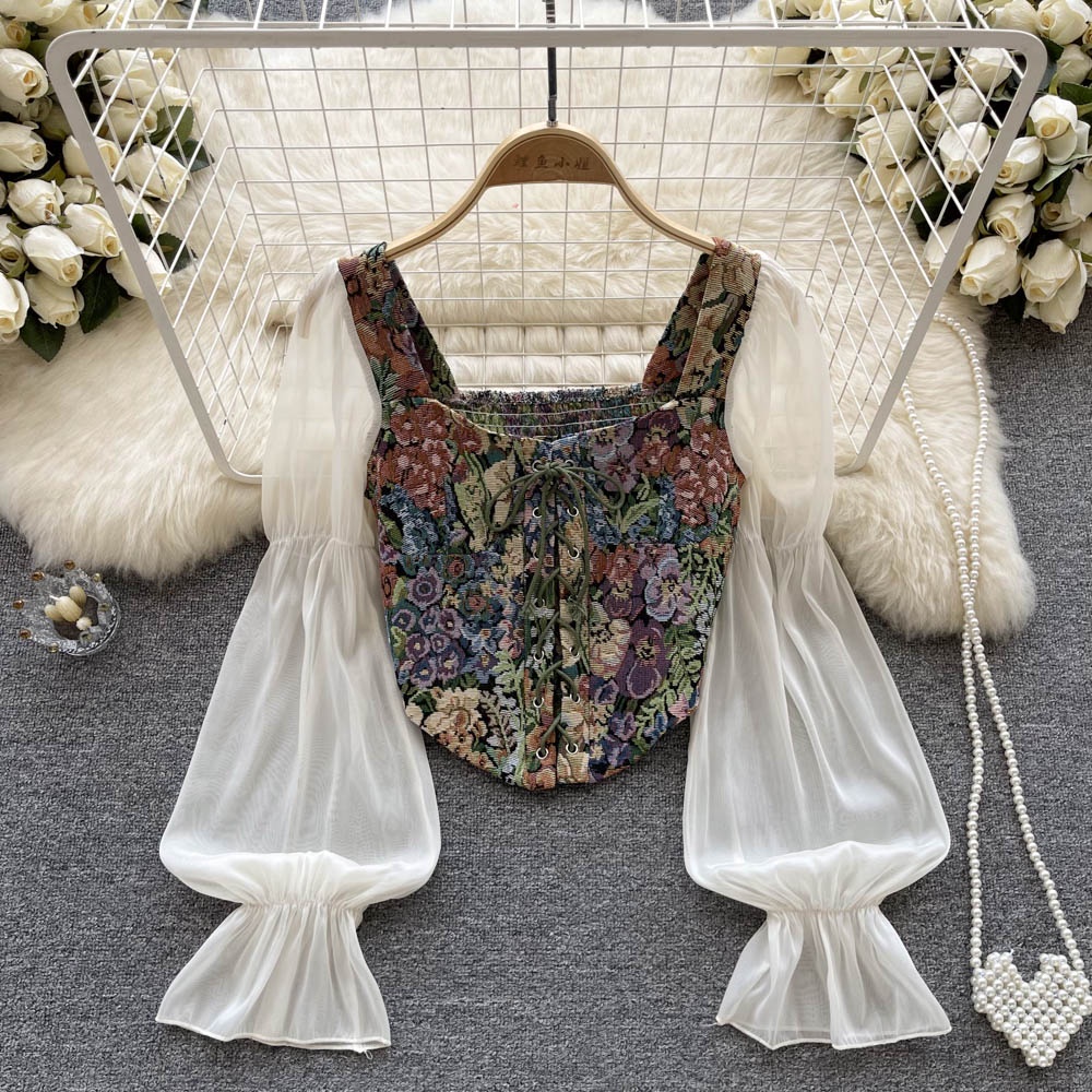 Áo Croptop Tay Dài Phồng Cổ Vuông In Họa Tiết Hoa Phong Cách Hàn Quốc Thời Trang Cho Nữ