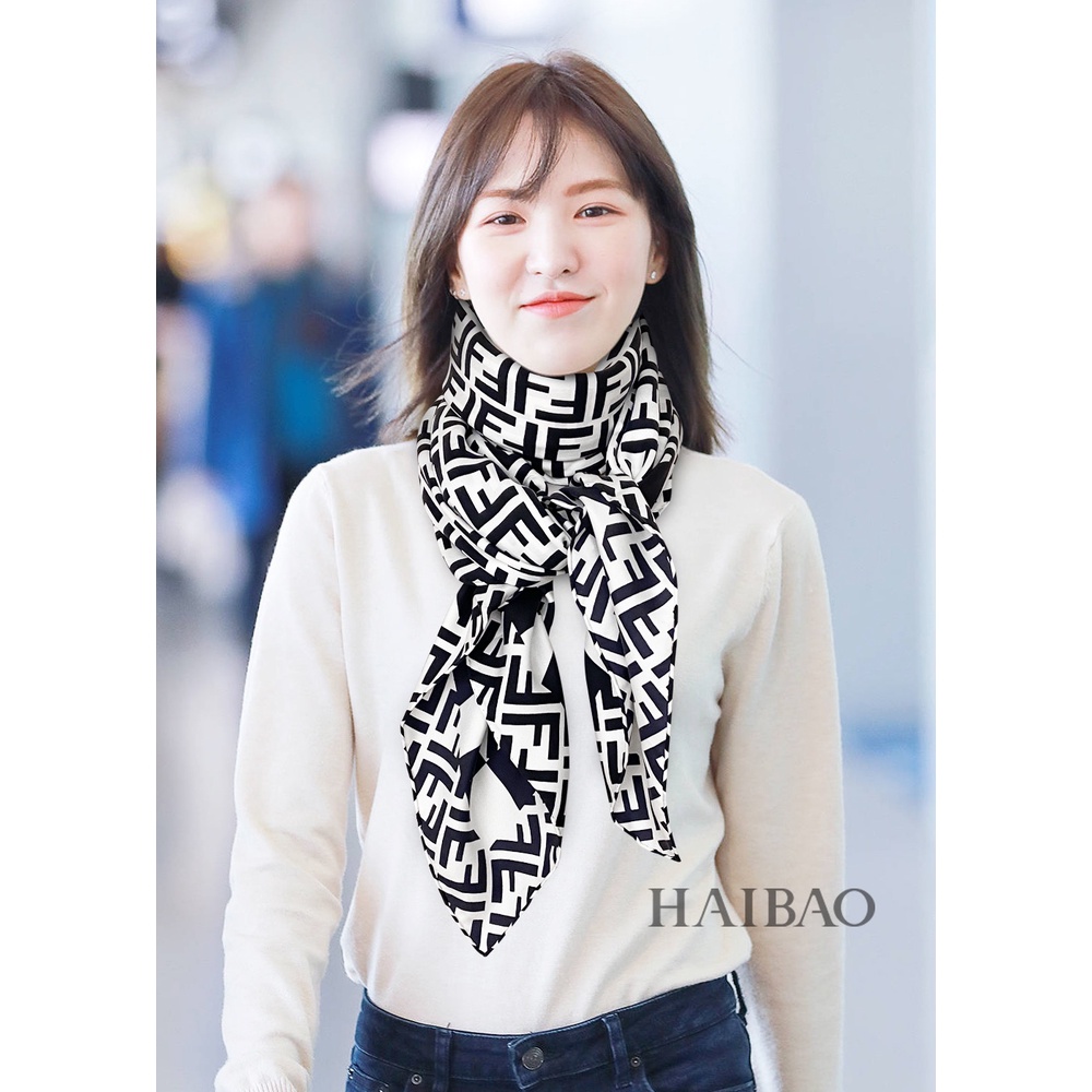 Khăn Choàng Cổ Vuông Bằng Lụa In Chữ FF Màu Đen / Trắng Thời Trang Cho Nữ