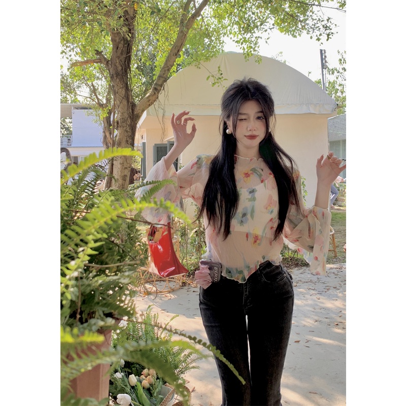 Porozi Áo Sơ Mi chiffon Mỏng Xếp Ly Chống Nắng Dáng Ngắn In Hoa Kiểu retro Thời Trang Mùa Xuân Ngọt Ngào Cho Nữ